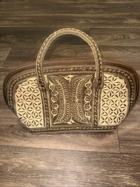 Embroidered Brown and Cream Patterned Tote Handbag